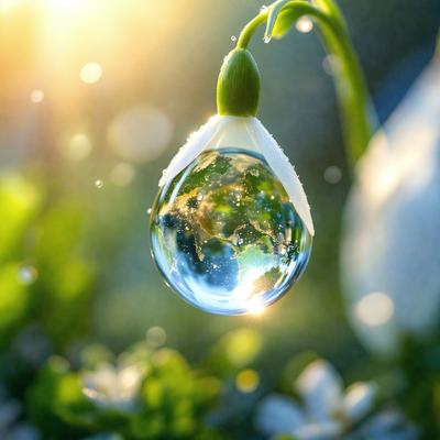 The primary subject of the image is a clear glass globe filled with water, hanging from a plant. The setting is a garden, with the globe surrounded by greenery. The visual style is a photo, capturing the beauty of the water droplet in the plant. The colors are predominantly green, with the water droplet reflecting the light, creating a serene and peaceful atmosphere.